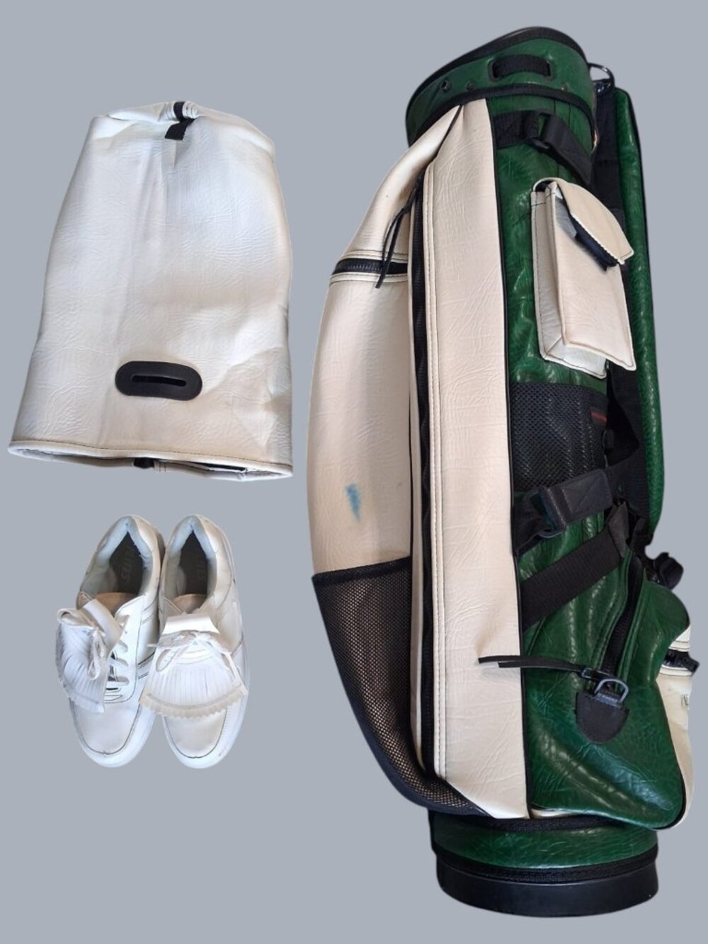 Vintage Belding Sports Korbel Champagne Golf Bag w/ Cover + Golf Shoes Sz 7